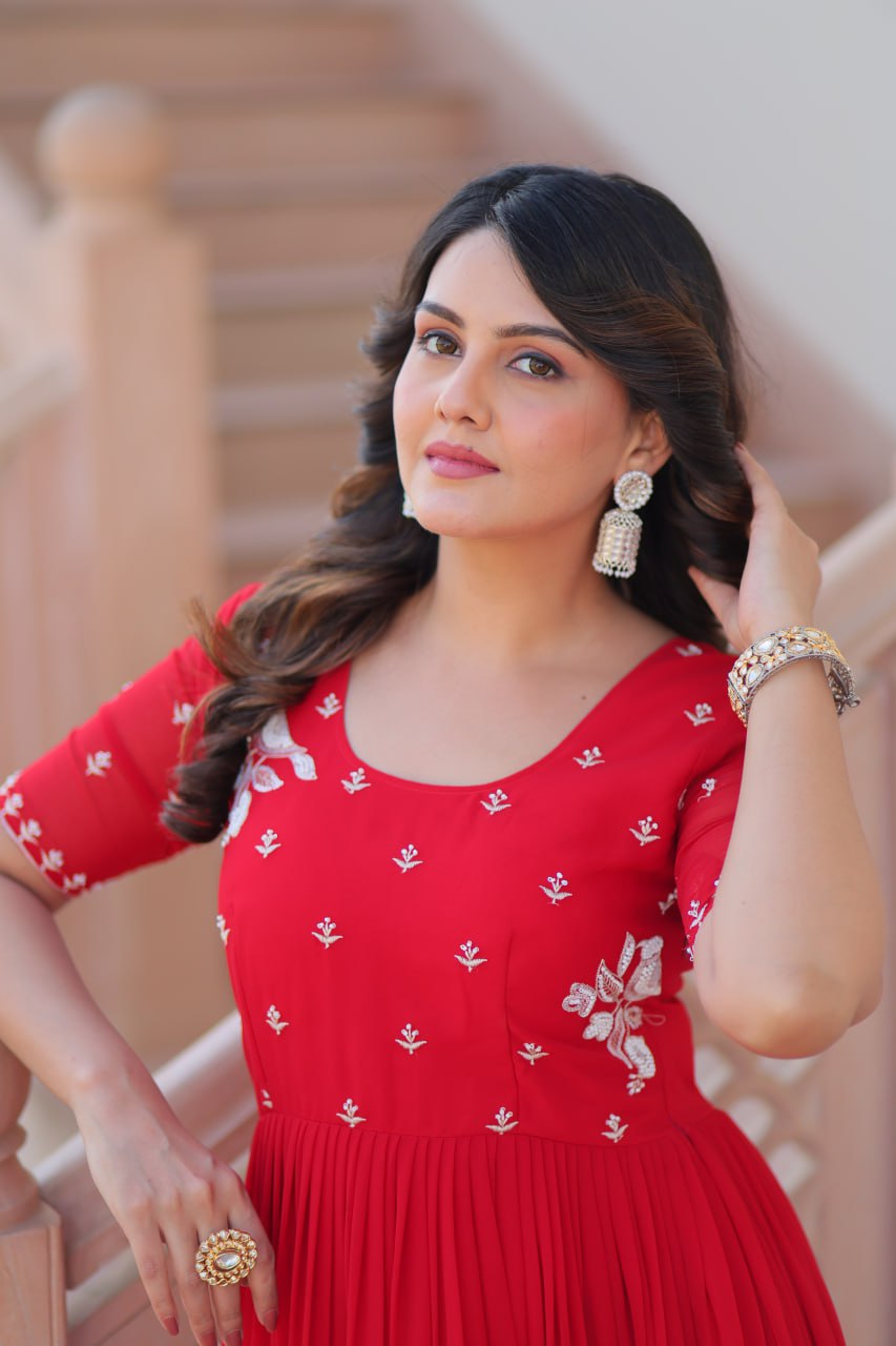 Red Faux Blooming Designer Round Neck Embroidery Work Gown