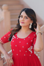 Red Faux Blooming Designer Round Neck Embroidery Work Gown