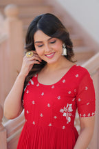 Red Faux Blooming Designer Round Neck Embroidery Work Gown