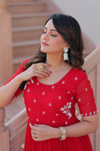 Red Faux Blooming Designer Round Neck Embroidery Work Gown