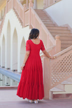 Red Faux Blooming Designer Round Neck Embroidery Work Gown