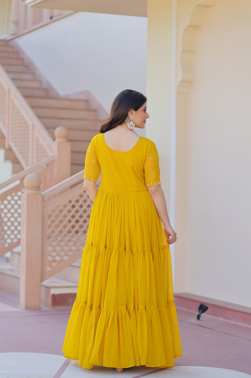 Yellow Faux Blooming Designer Round Neck Embroidery Work Gown