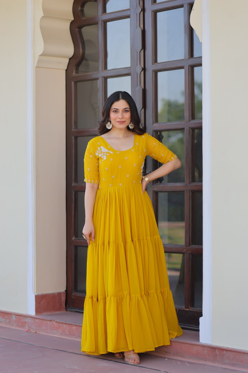 Yellow Faux Blooming Designer Round Neck Embroidery Work Gown