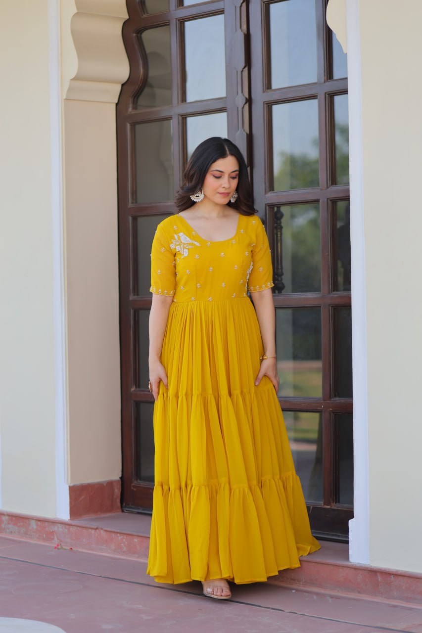 Yellow Faux Blooming Designer Round Neck Embroidery Work Gown