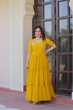Yellow Faux Blooming Designer Round Neck Embroidery Work Gown