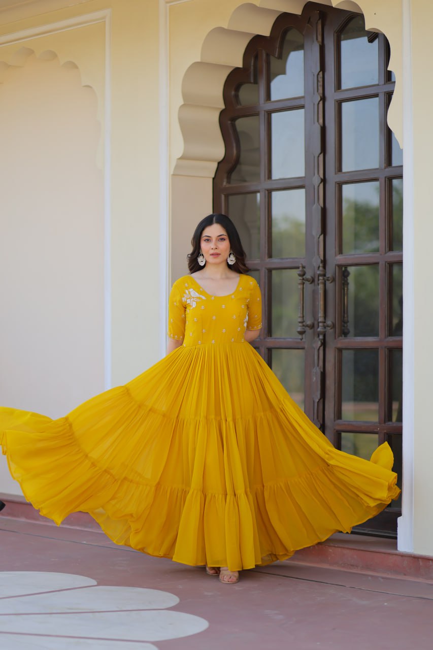 Yellow Faux Blooming Designer Round Neck Embroidery Work Gown