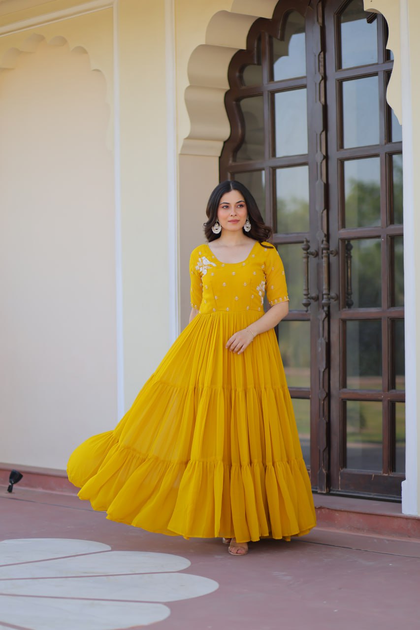 Yellow Faux Blooming Designer Round Neck Embroidery Work Gown