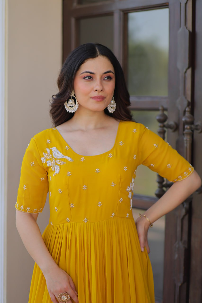 Yellow Faux Blooming Designer Round Neck Embroidery Work Gown
