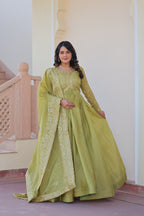 Green Gold Crush Fabric With Sequins Embroidered Work Gown
