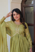 Green Gold Crush Fabric With Sequins Embroidered Work Gown