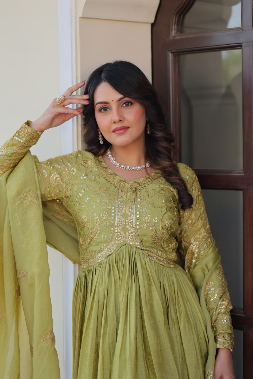 Green Gold Crush Fabric With Sequins Embroidered Work Gown