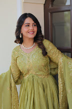 Green Gold Crush Fabric With Sequins Embroidered Work Gown