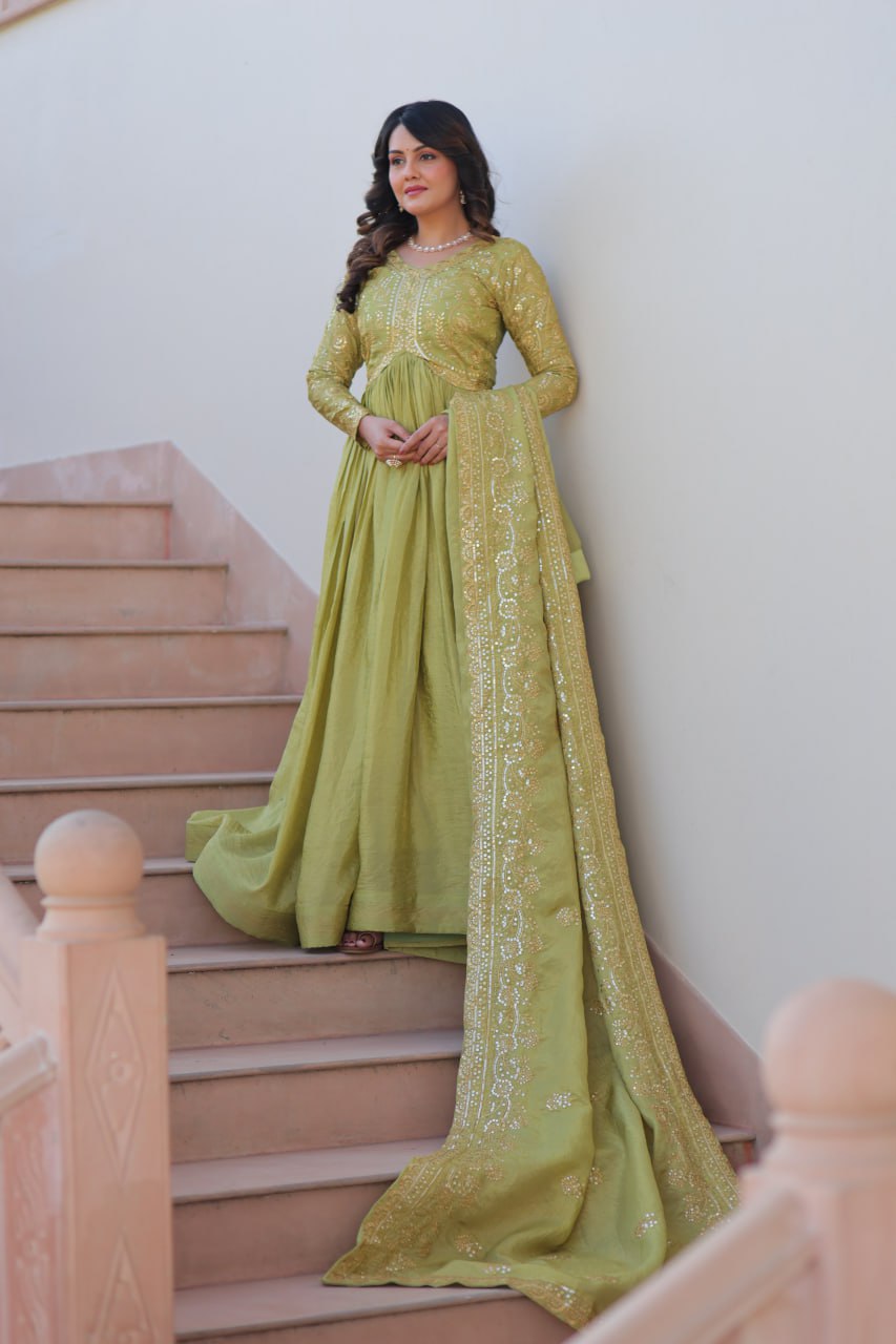 Green Gold Crush Fabric With Sequins Embroidered Work Gown