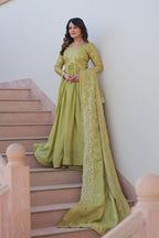 Green Gold Crush Fabric With Sequins Embroidered Work Gown