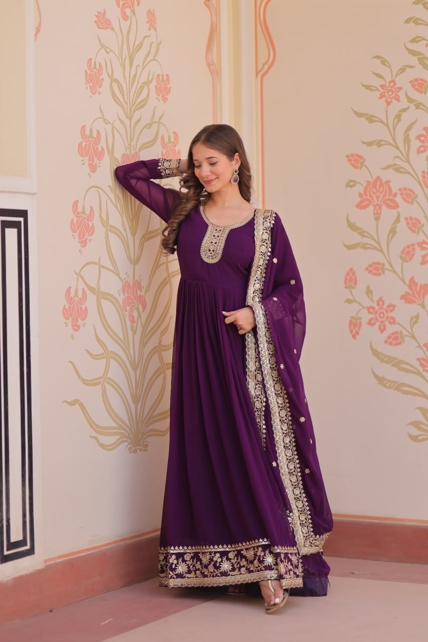 Purple Faux Blooming Georgette With Zari Sequins Embroidered Work Gown