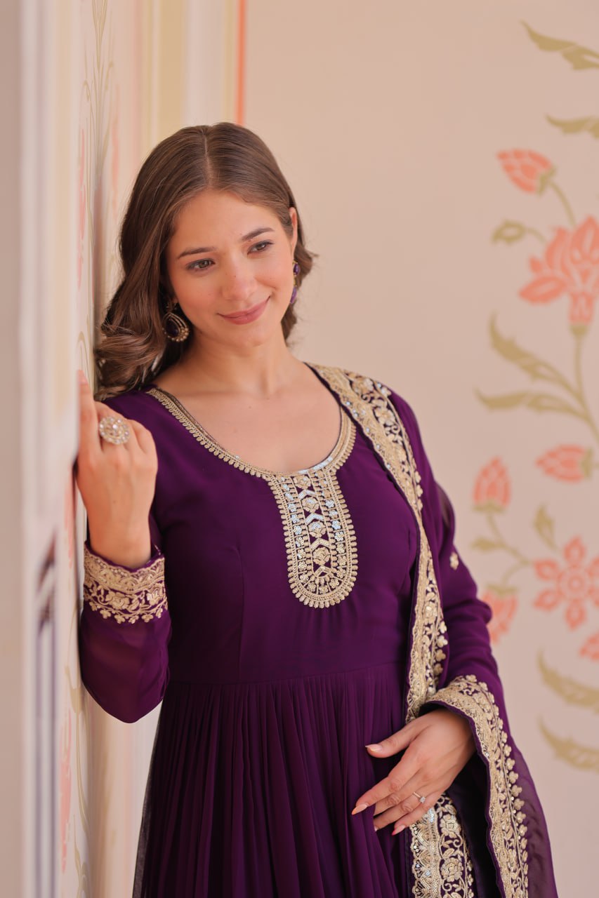 Purple Faux Blooming Georgette With Zari Sequins Embroidered Work Gown