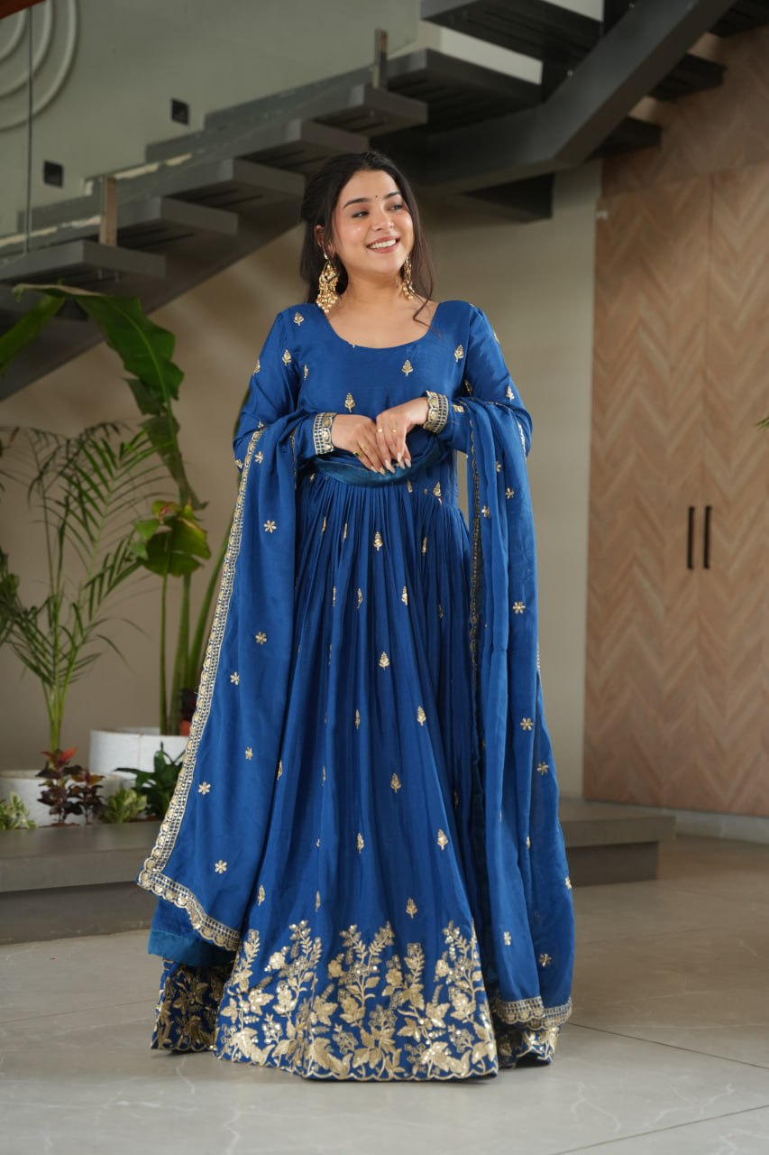 Blue Embroidery Zari Sequins Round Neck Work Gown