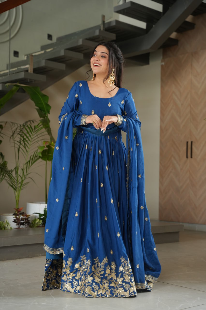 Blue Embroidery Zari Sequins Round Neck Work Gown