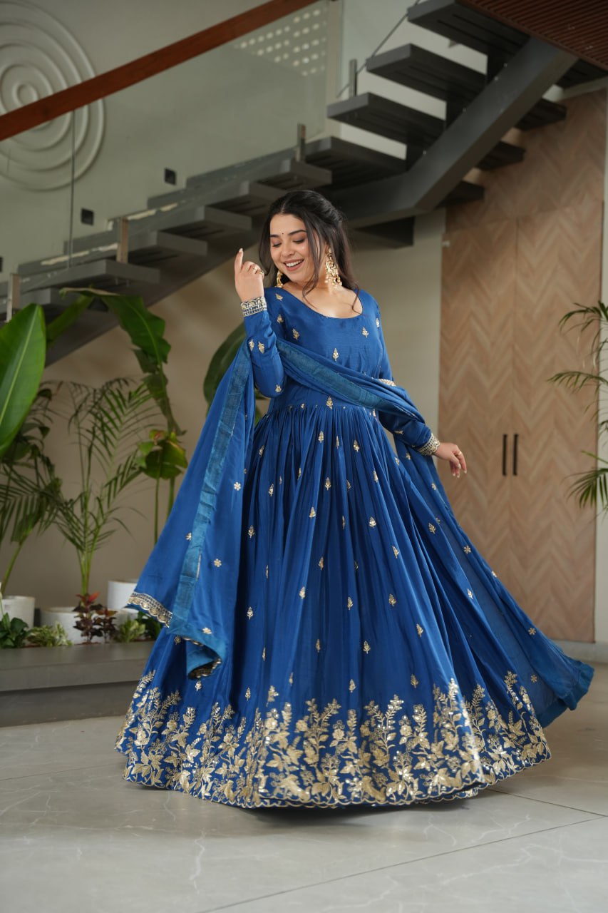 Blue Embroidery Zari Sequins Round Neck Work Gown