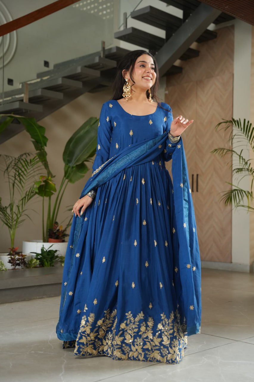 Blue Embroidery Zari Sequins Round Neck Work Gown