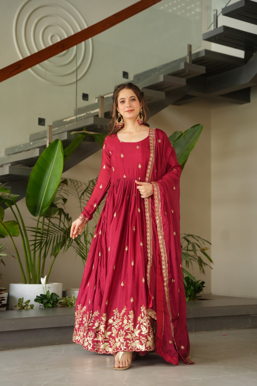 Maroon Embroidery Zari Sequins Round Neck Work Gown