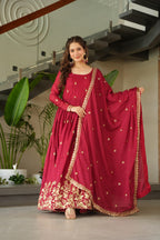 Maroon Embroidery Zari Sequins Round Neck Work Gown