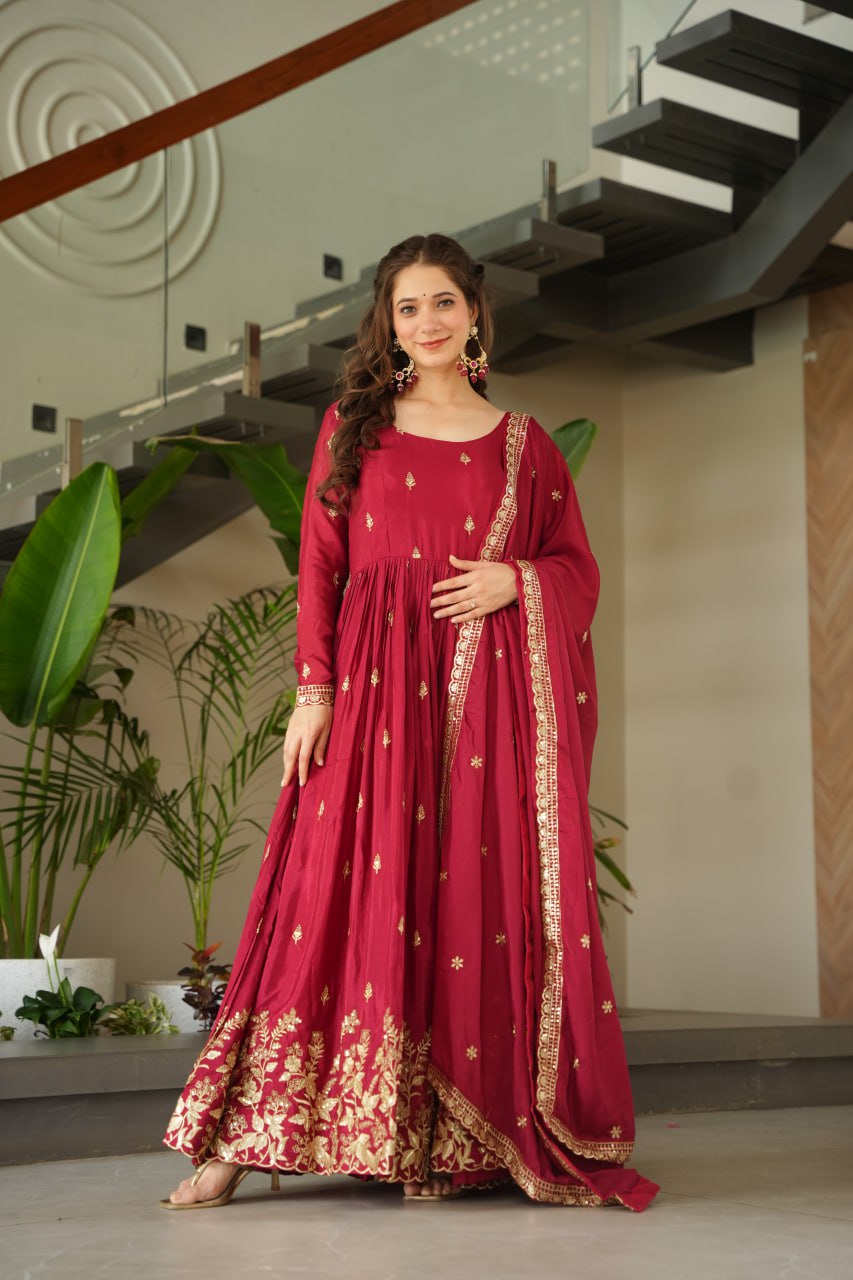 Maroon Embroidery Zari Sequins Round Neck Work Gown