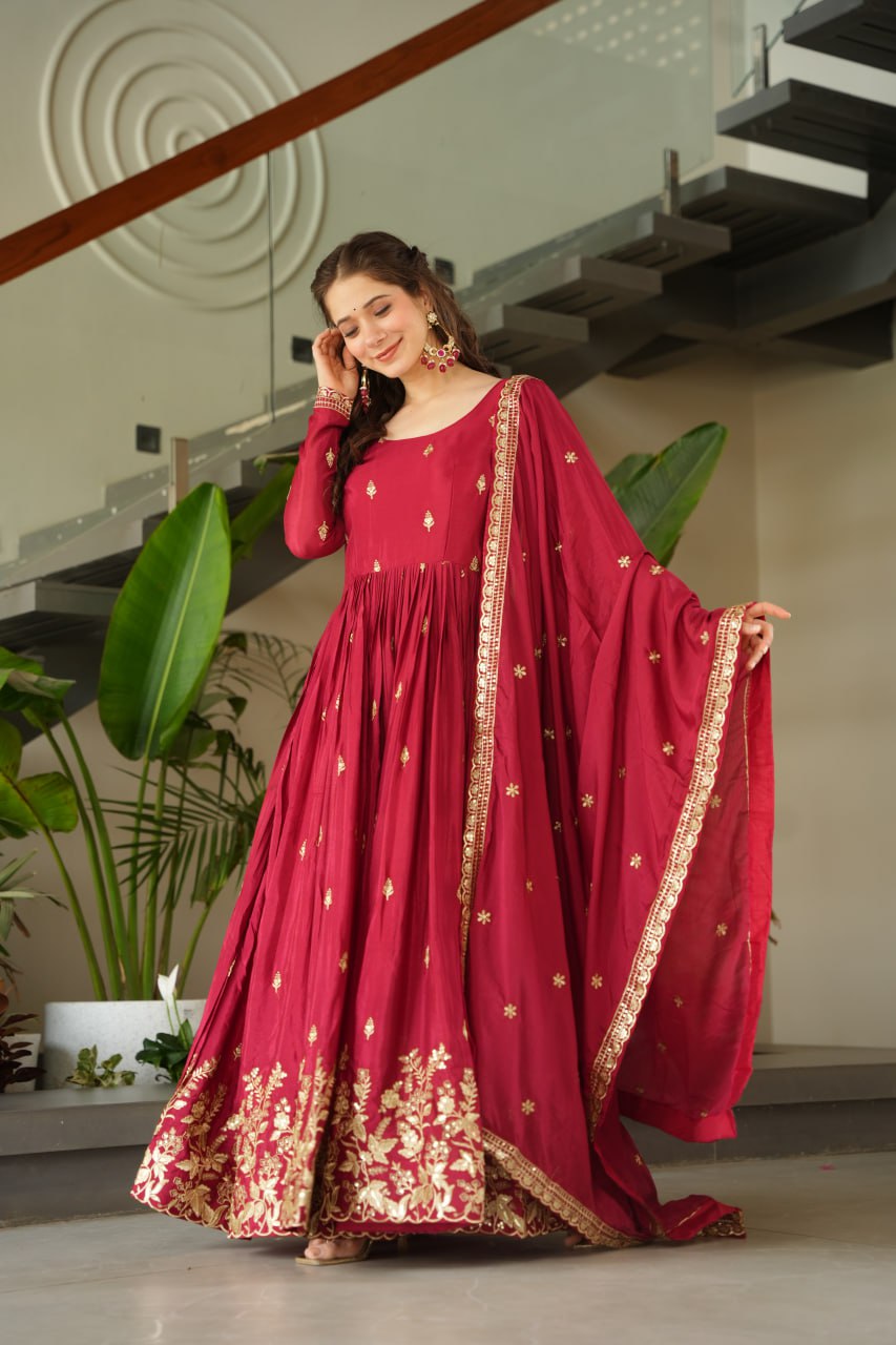 Maroon Embroidery Zari Sequins Round Neck Work Gown