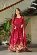 Maroon Embroidery Zari Sequins Round Neck Work Gown