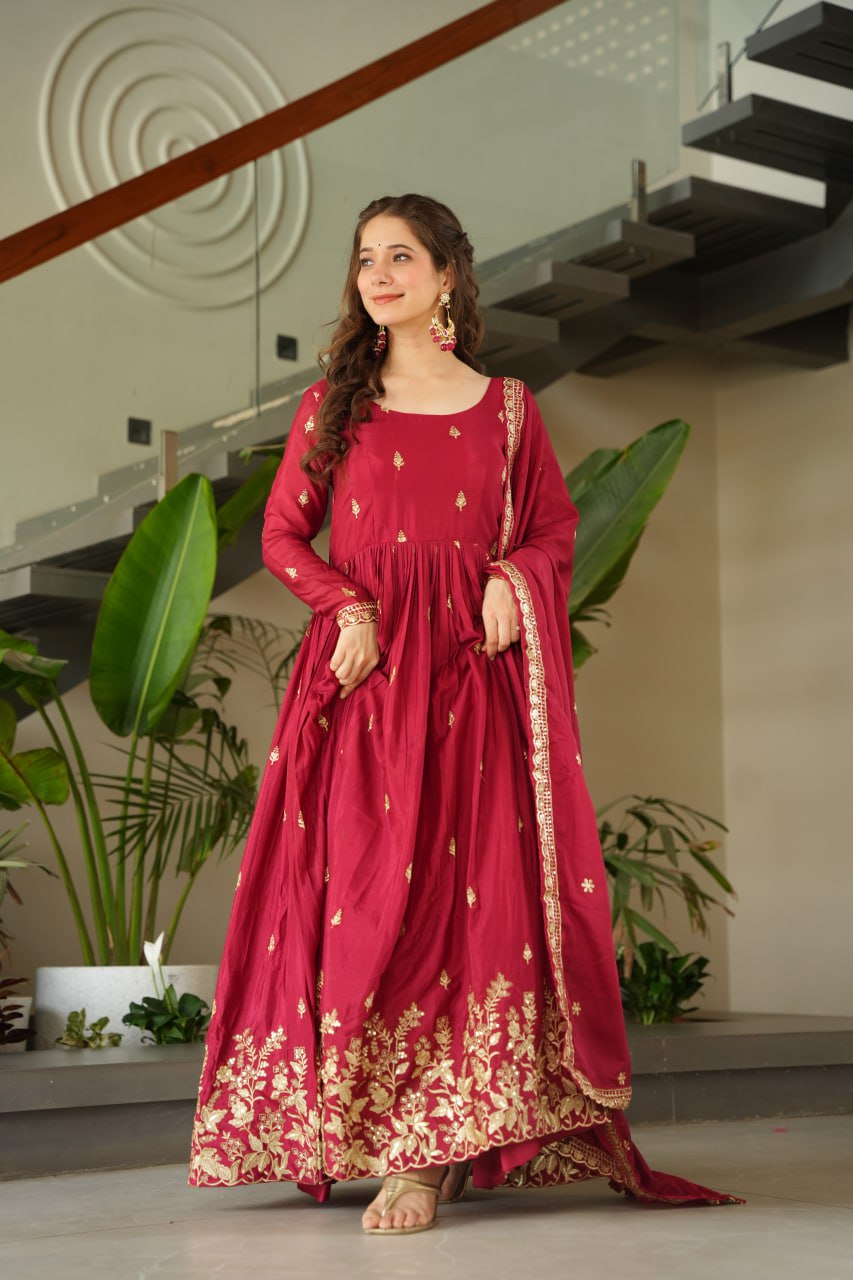 Maroon Embroidery Zari Sequins Round Neck Work Gown