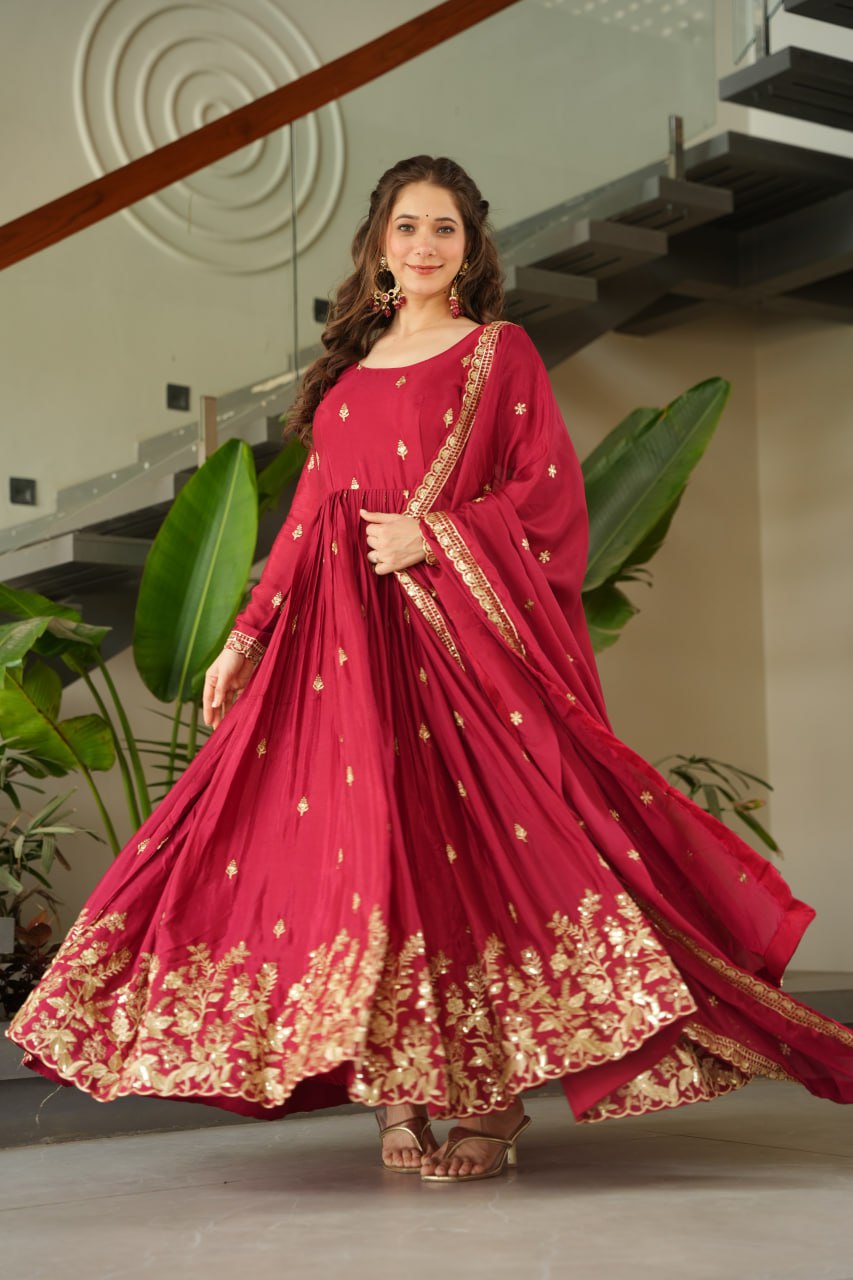 Maroon Embroidery Zari Sequins Round Neck Work Gown