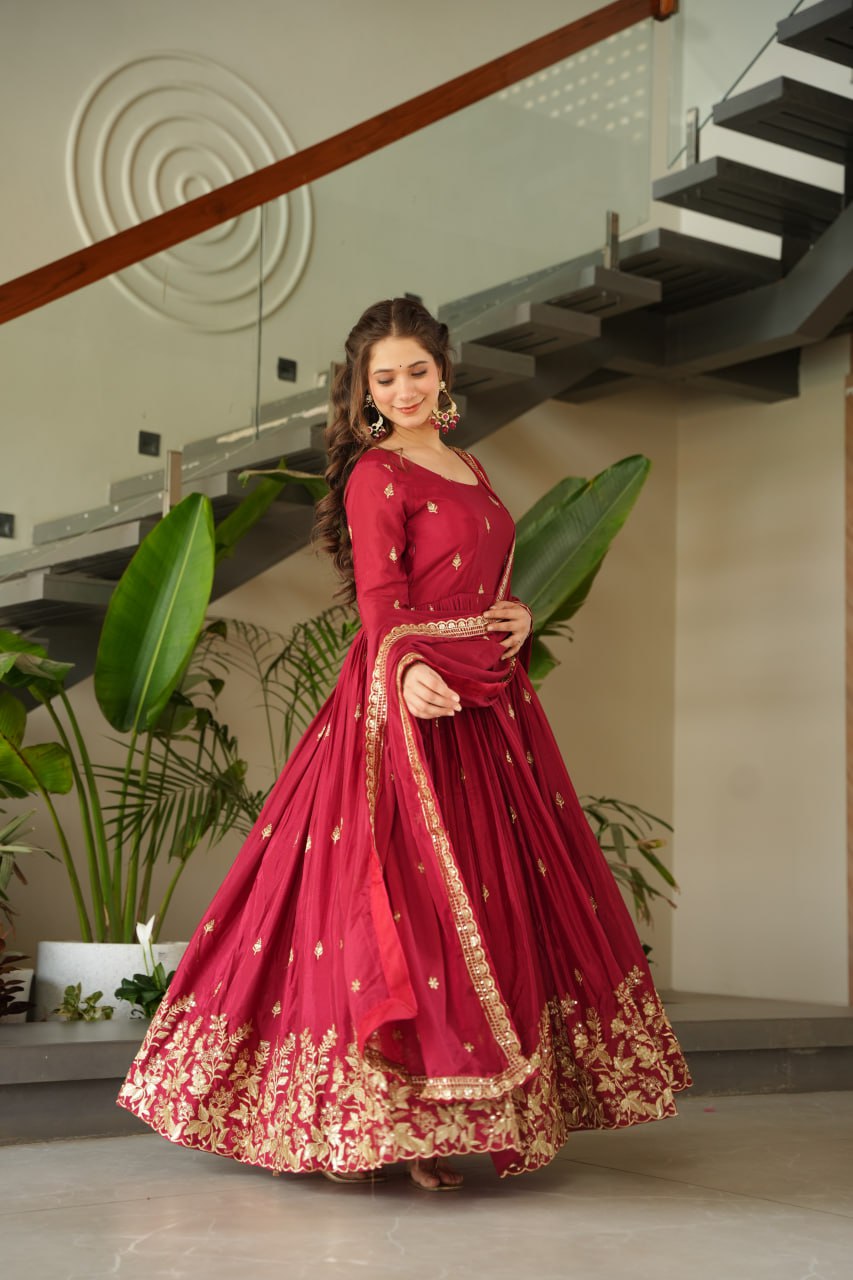 Maroon Embroidery Zari Sequins Round Neck Work Gown