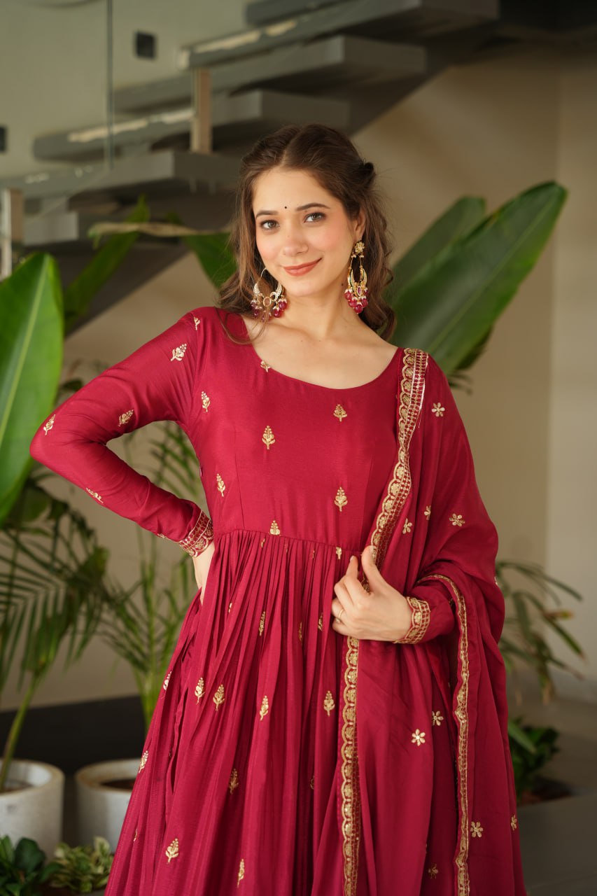 Maroon Embroidery Zari Sequins Round Neck Work Gown