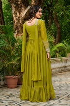 Parrot Embroidery Zari Sequins Round Neck Work Gown