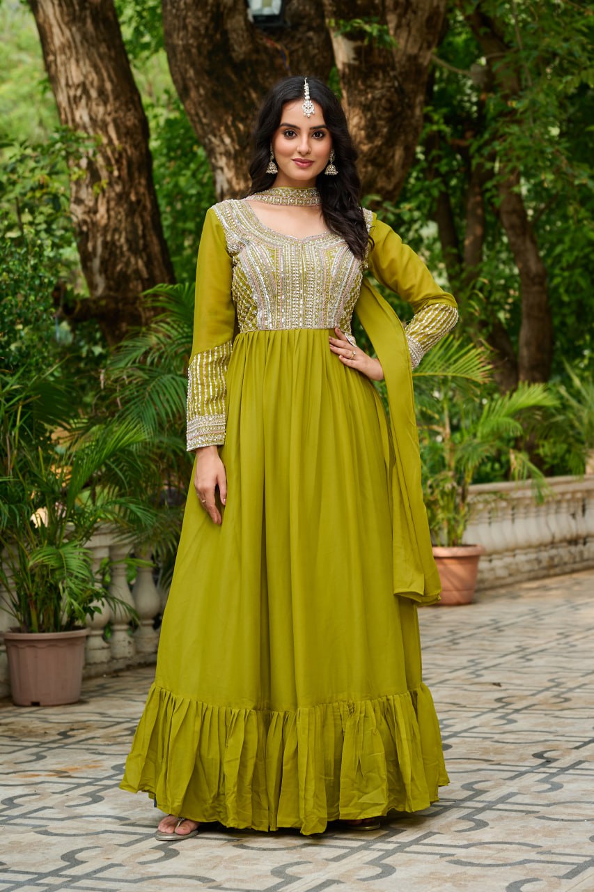 Parrot Embroidery Zari Sequins Round Neck Work Gown