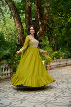 Parrot Embroidery Zari Sequins Round Neck Work Gown