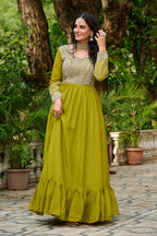 Parrot Embroidery Zari Sequins Round Neck Work Gown