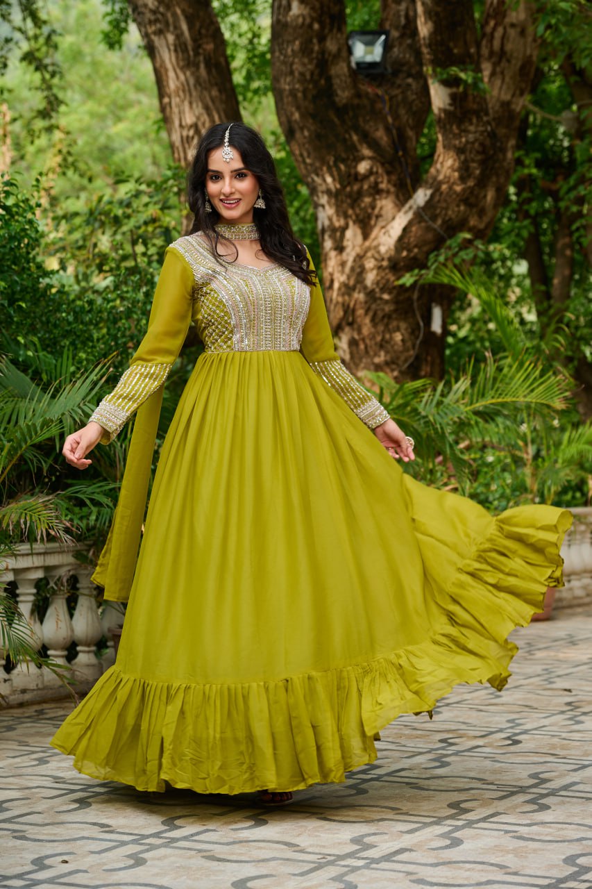 Parrot Embroidery Zari Sequins Round Neck Work Gown