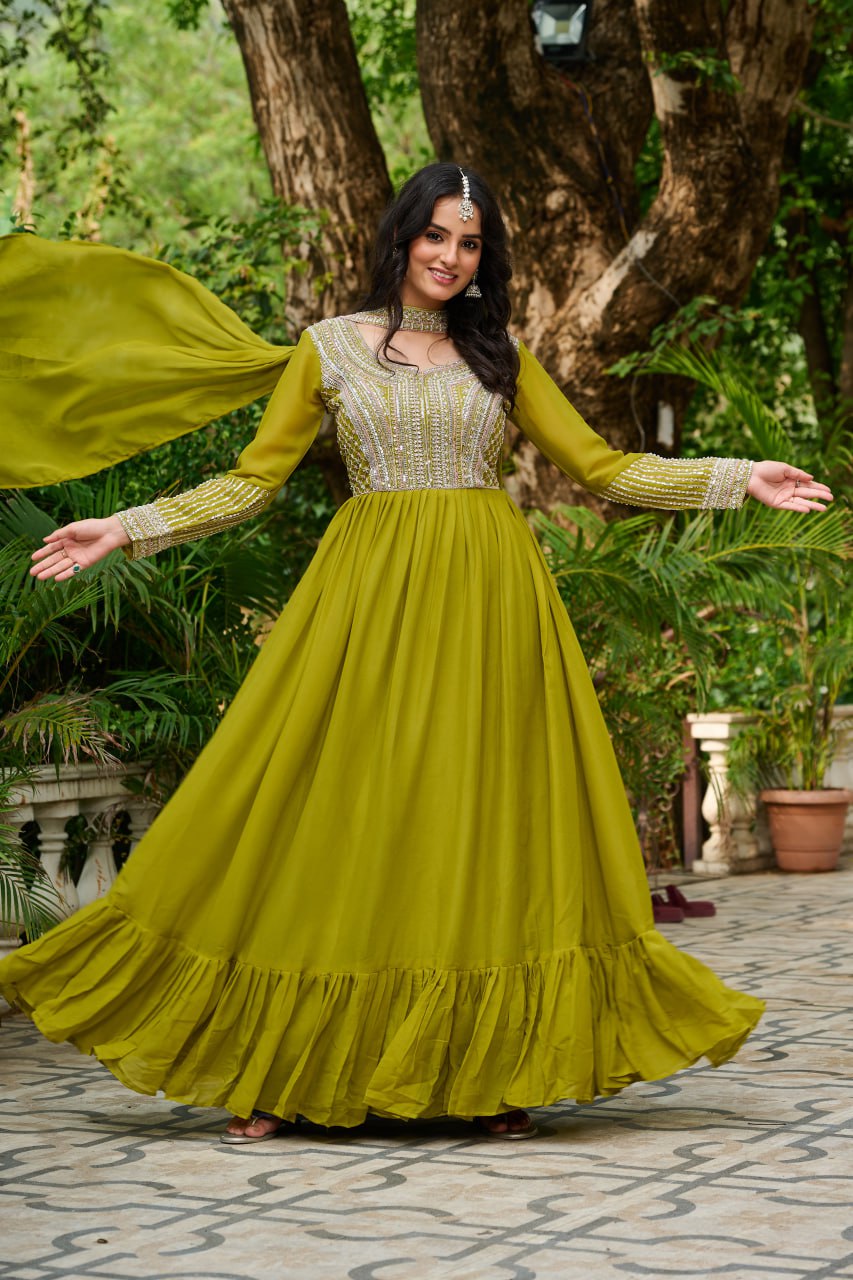 Parrot Embroidery Zari Sequins Round Neck Work Gown