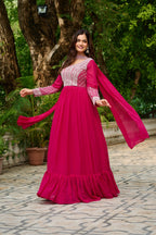 Pink Embroidery Zari Sequins Round Neck Work Gown