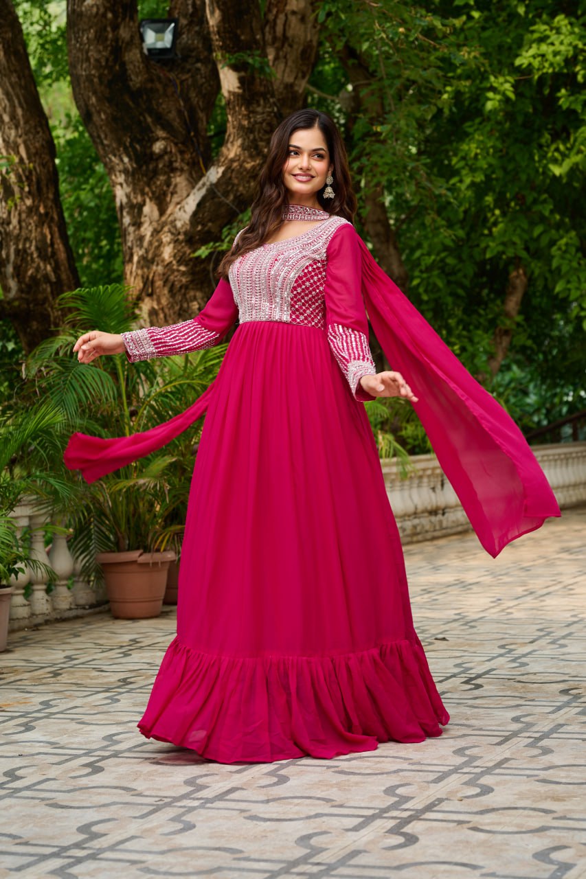 Pink Embroidery Zari Sequins Round Neck Work Gown