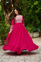 Pink Embroidery Zari Sequins Round Neck Work Gown
