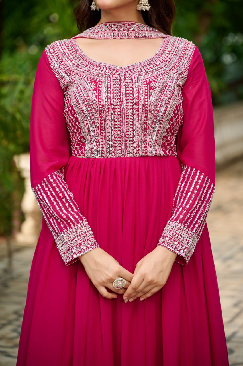 Pink Embroidery Zari Sequins Round Neck Work Gown