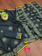 Grey Colour Muslin Cotton Hand Block Printed Saree