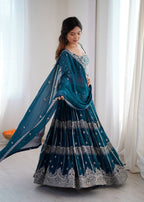 Teal Blue Colour Faux Georgette Fabric Thread Embroidery Lehenga Choli