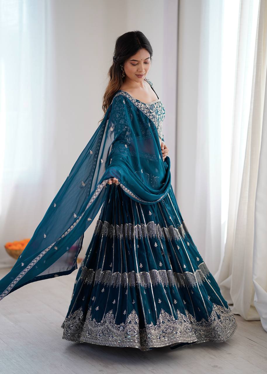 Teal Blue Colour Faux Georgette Fabric Thread Embroidery Lehenga Choli