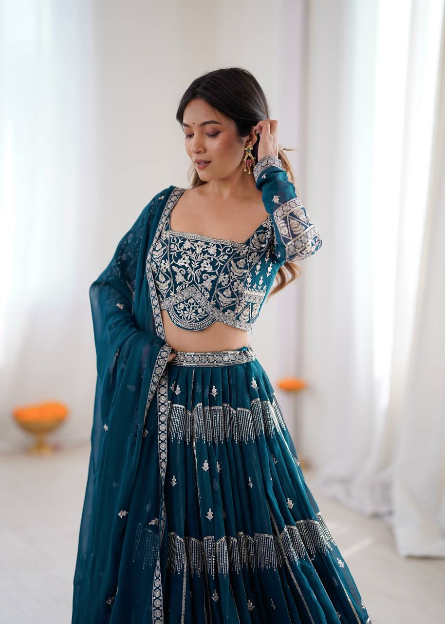 Teal Blue Colour Faux Georgette Fabric Thread Embroidery Lehenga Choli