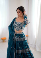 Teal Blue Colour Faux Georgette Fabric Thread Embroidery Lehenga Choli