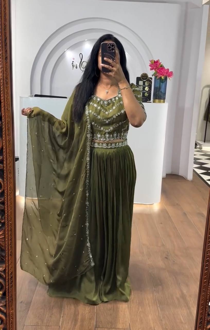 New Arrival Chinon Silk Embroidery Thread Work Lehenga Choli