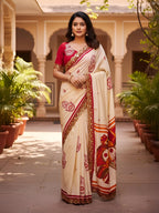 New Cream colour Special Traditional  Hit Design Pure Cotton Mulmul Saree Durga With Hevy Lace Border (Copy) (Copy) (Copy)